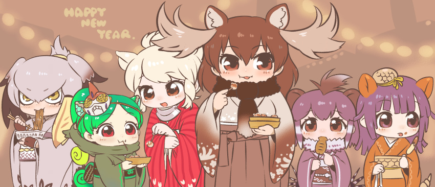 animal_ears anthropomorphism blonde_hair brown brown_hair crested_porcupine_(kemono_friends) giant_armadillo_(kemono_friends) gloves gray_hair green_hair japanese_clothes kemono_friends kimono kuro_(kurojill) mask moose_(kemono_friends) panther_chameleon_(kemono_friends) purple_hair red_eyes scarf shoebill_(kemono_friends) white_rhinoceros_(kemono_friends) yellow_eyes