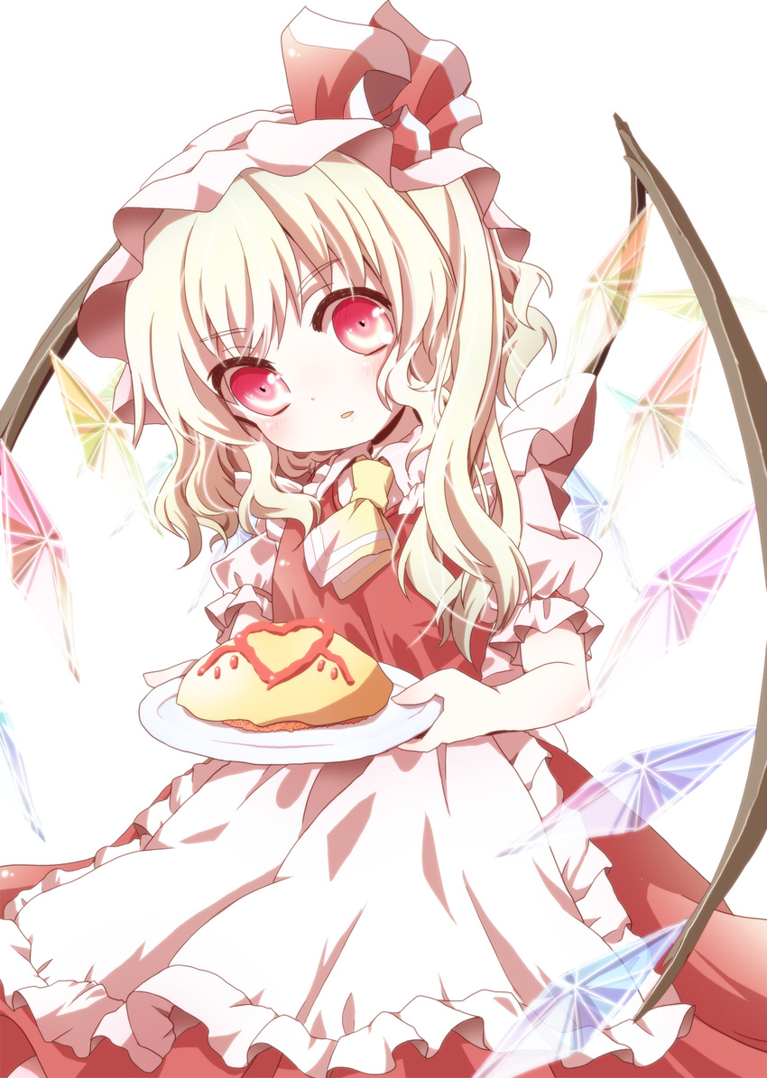 apron ascot bad_id bad_pixiv_id blonde_hair blush flandre_scarlet food hat hat_ribbon head_tilt heart highres kuromame_(8gou) looking_at_viewer omurice red_eyes ribbon side_ponytail simple_background solo touhou waist_apron white_background wings