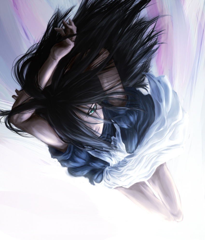 alice:_madness_returns alice_(wonderland) american_mcgee's_alice arms_up black_hair ceramic_man dress dutch_angle falling foreshortening green_eyes hair_over_one_eye highres lips long_hair looking_at_viewer solo