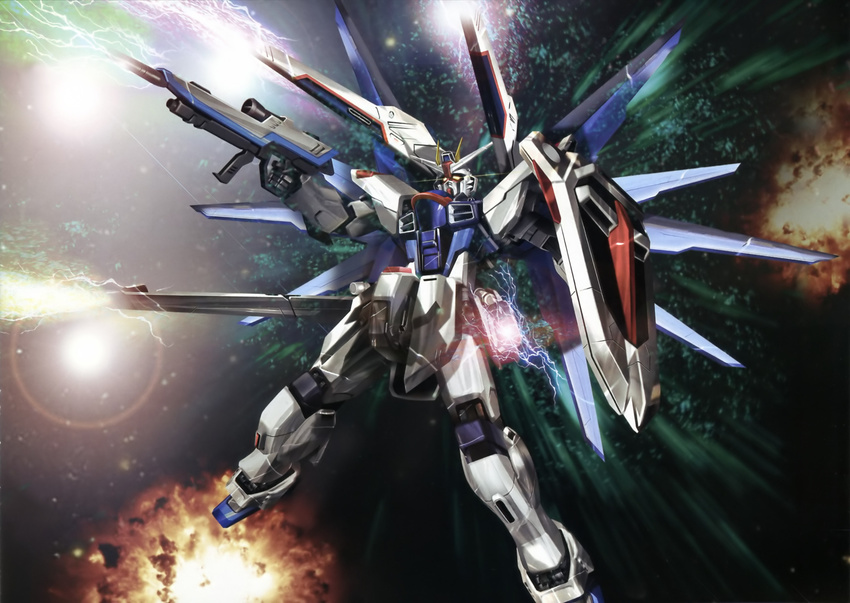 battle beam_rifle energy_gun firing freedom_gundam gun gundam gundam_seed highres lens_flare mecha no_humans scope shield space weapon