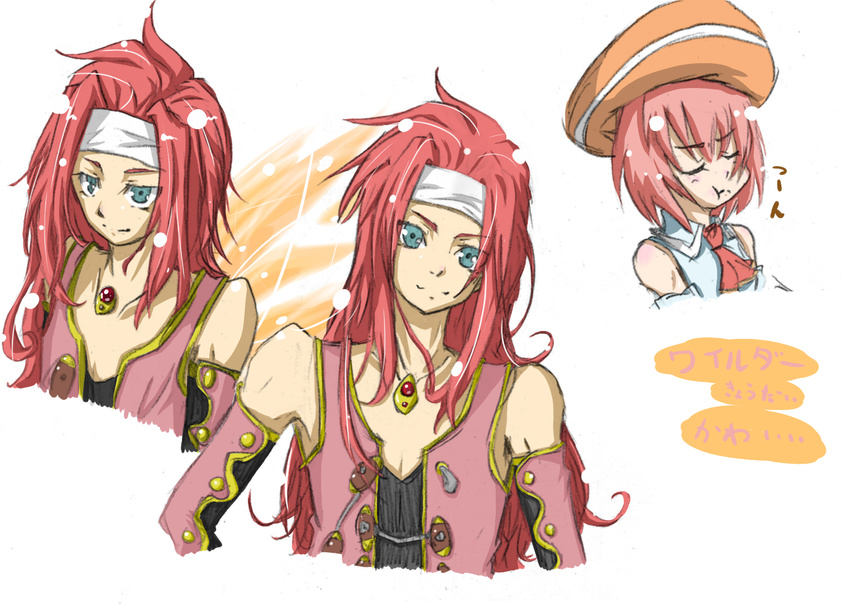 1boy 1girl bare_shoulders blue_eyes breasts brother_and_sister coat elbow_gloves eyes_closed gloves hat headband highres long_hair red_hair seles_wilder short_hair siblings tales_of_(series) tales_of_symphonia zelos_wilder