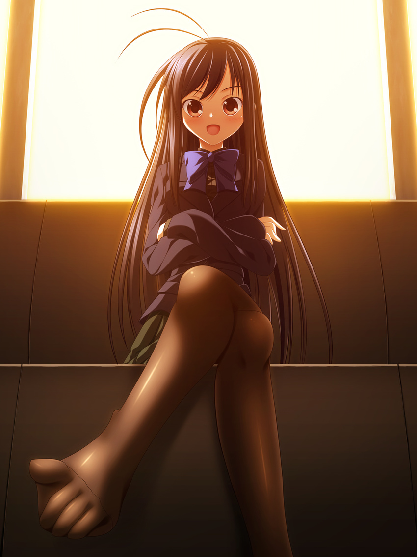 accel_world ahoge black_hair black_legwear crossed_legs feet hatomura_(tareneko_club) highres kuroyukihime legs long_hair pantyhose ribbon school_uniform sitting umesato_middle_school_uniform window