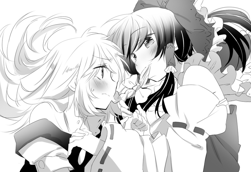 blush bow braid ema20 greyscale hair_bow hair_in_mouth hair_tubes hakurei_reimu highres holding_hands interlocked_fingers kirisame_marisa long_hair monochrome mouth_hold multiple_girls short_hair touhou yuri