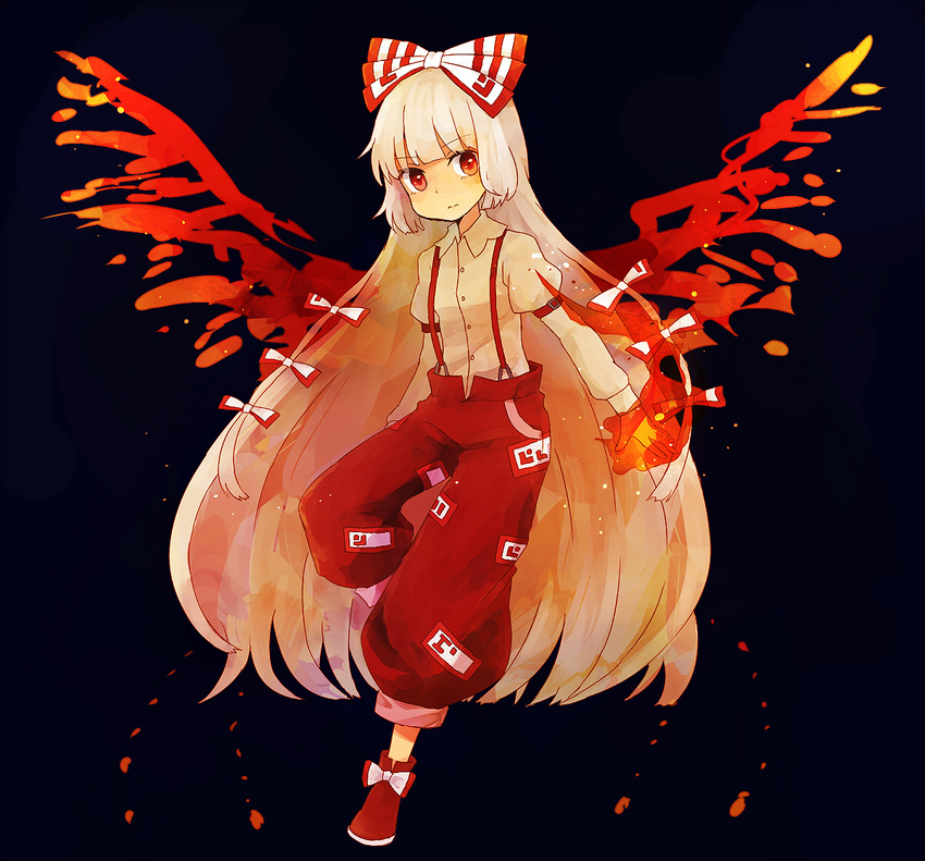 black_background bow burning_hand dress_shirt fiery_wings fire fujiwara_no_mokou hair_bow long_hair mozukuzu_(manukedori) ofuda red_eyes shirt sidelocks silver_hair simple_background solo suspenders touhou very_long_hair white_hair wings