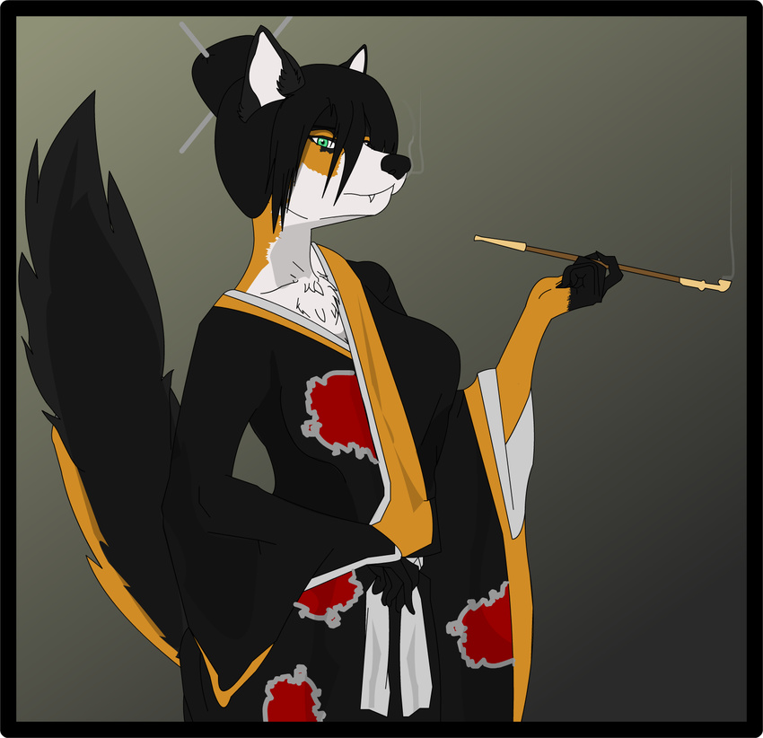 border_collie canine darkghost dog female green_eyes half-closed_eyes japanese_clothing kimono looking_at_viewer mammal pipe smoking solo