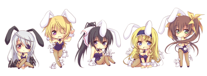 :&lt; animal_ears bare_shoulders black_hair blonde_hair blue_eyes breasts brown_hair bunny bunny_ears bunny_girl bunny_tail bunnysuit cecilia_alcott charlotte_dunois chibi cleavage detached_collar eyepatch fishnet_pantyhose fishnets green_eyes grin holding huang_lingyin infinite_stratos large_breasts laura_bodewig leotard long_hair miyata_(miyatami07) multiple_girls open_mouth pantyhose ponytail purple_eyes red_eyes shinonono_houki shoes silver_hair sitting smile tail twintails wrist_cuffs