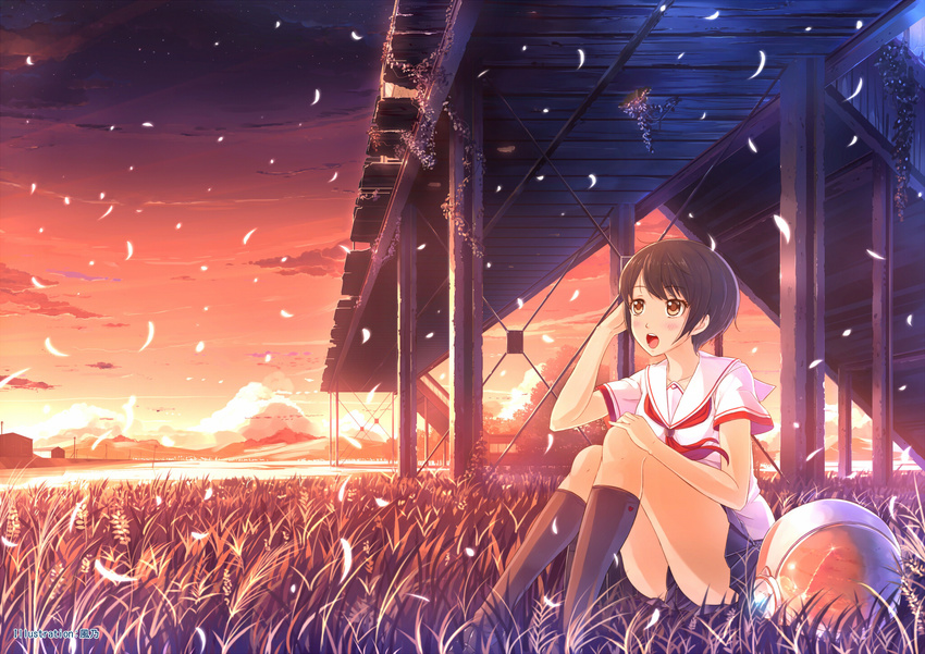 artist_name bangs black_legwear black_skirt blush bridge brown_eyes brown_hair building cloud collarbone eyebrows_visible_through_hair grass hand_on_own_knee hand_up highres kazeno kneehighs legs looking_away looking_up miniskirt open_mouth original outdoors pillar pleated_skirt round_teeth school_uniform serafuku short_hair short_sleeves sitting skirt sky solo star_(sky) sunset teeth thighs tree wooden_bridge