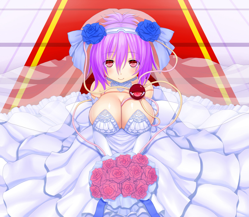 asamura_hiori bare_shoulders blue_flower blue_rose bouquet breasts cleavage dress flower huge_breasts kneeling komeiji_satori looking_at_viewer md5_mismatch pink_eyes purple_hair rose short_hair smile solo third_eye touhou veil wedding_dress