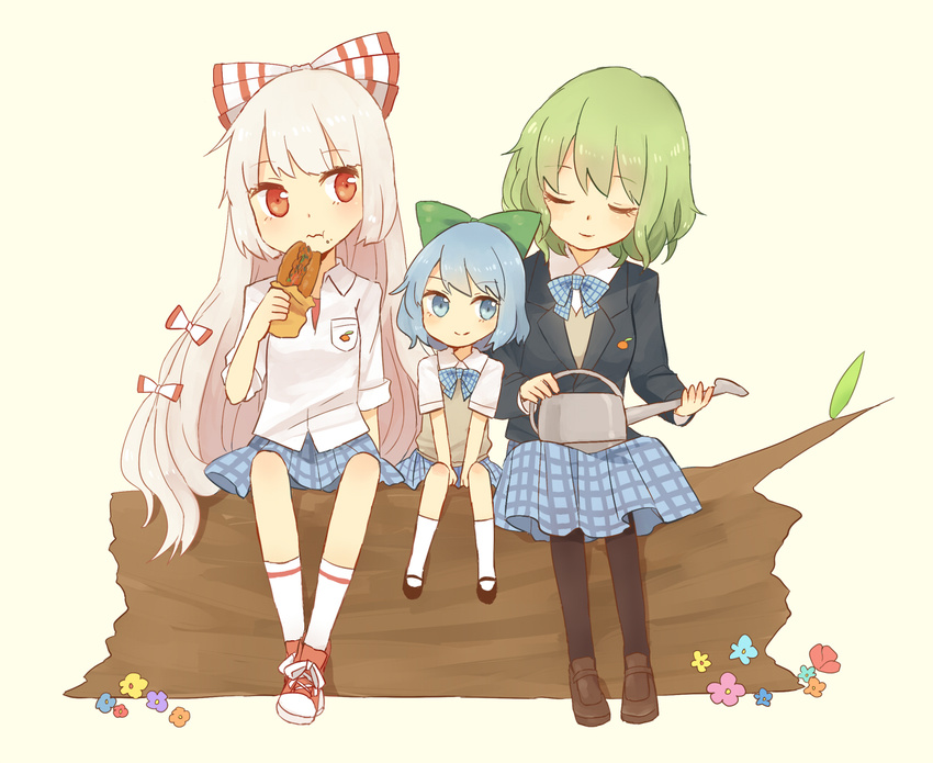 :t alternate_costume bad_id bad_pixiv_id black_legwear blazer blue_eyes blue_hair bow child cirno closed_eyes eating food food_on_face fujiwara_no_mokou green_eyes green_hair hair_bow jacket kazami_yuuka log long_hair mozukuzu_(manukedori) multiple_girls pantyhose plaid plaid_skirt red_eyes short_hair silver_hair simple_background sitting skirt sleeves_rolled_up socks touhou watering_can white_legwear