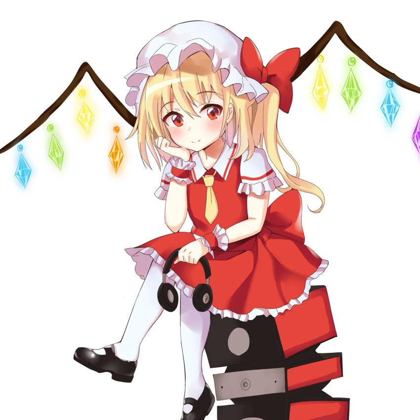 1girl absurdres black_footwear blonde_hair blush bow commentary dress english_commentary eyebrows_visible_through_hair flandre_scarlet hand_on_own_cheek hat hat_bow headphones highres holding_headphones holding_object looking_at_viewer necktie pantyhose red_bow red_dress red_eyes satori_(pixiv) shoes simple_background sitting smile solo speaker touhou white_background white_legwear wings wrist_cuffs yellow_neckwear