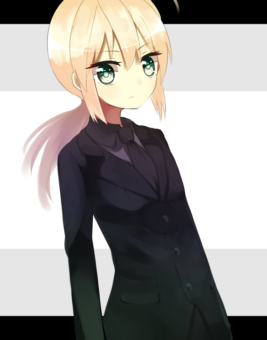 ahoge artoria_pendragon_(all) blonde_hair fate/zero fate_(series) formal green_eyes highres letterboxed long_hair mori_burin ponytail saber solo suit