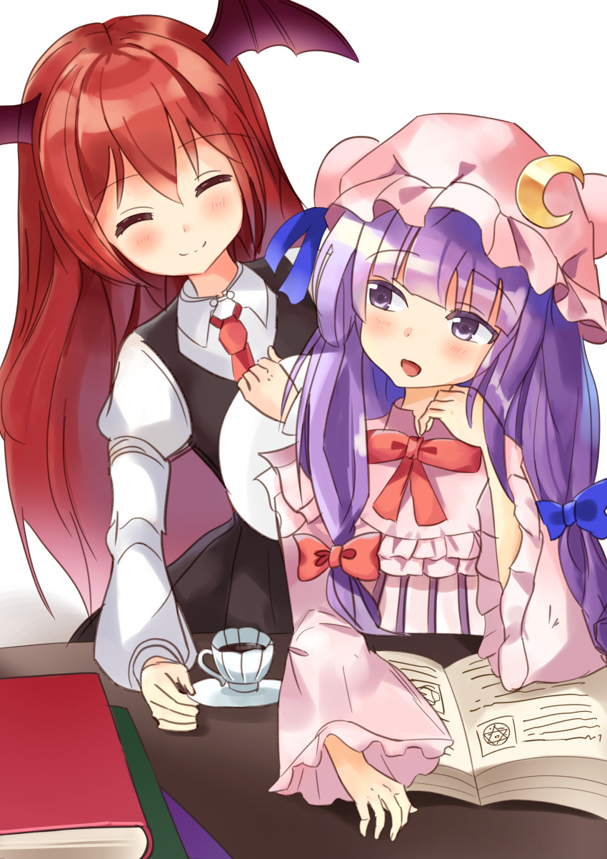2girls absurdres bangs blue_bow blue_ribbon blunt_bangs blush book bow bowtie capelet closed_mouth collar commentary crescent crescent_moon_pin cup engrish_commentary eyebrows_visible_through_hair eyes_closed hair_bow hat hat_ribbon head_wings highres koakuma long_hair multiple_girls necktie open_book open_mouth patchouli_knowledge plate purple_eyes purple_hair red_bow red_hair red_neckwear ribbon satori_(pixiv) simple_background smile table tea teacup touhou upper_body very_long_hair white_background wide_sleeves