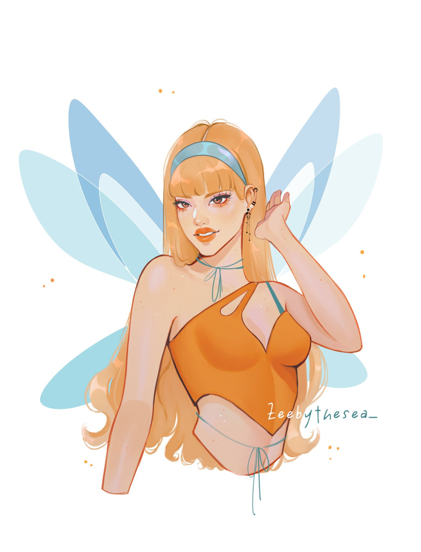 1girl artist_name asymmetrical_shirt blonde_hair blue_hairband blue_wings brown_eyes choppy_bangs cord_choker crop_top cropped_torso ear_piercing earrings fairy_wings hairband hand_up highres jewelry light_particles light_smile long_hair looking_at_viewer orange_lips orange_shirt parted_lips piercing redesign shirt single_strap stella_(winx_club) thick_eyebrows thick_lips upper_body wavy_ends wings winx_club zeebythesea
