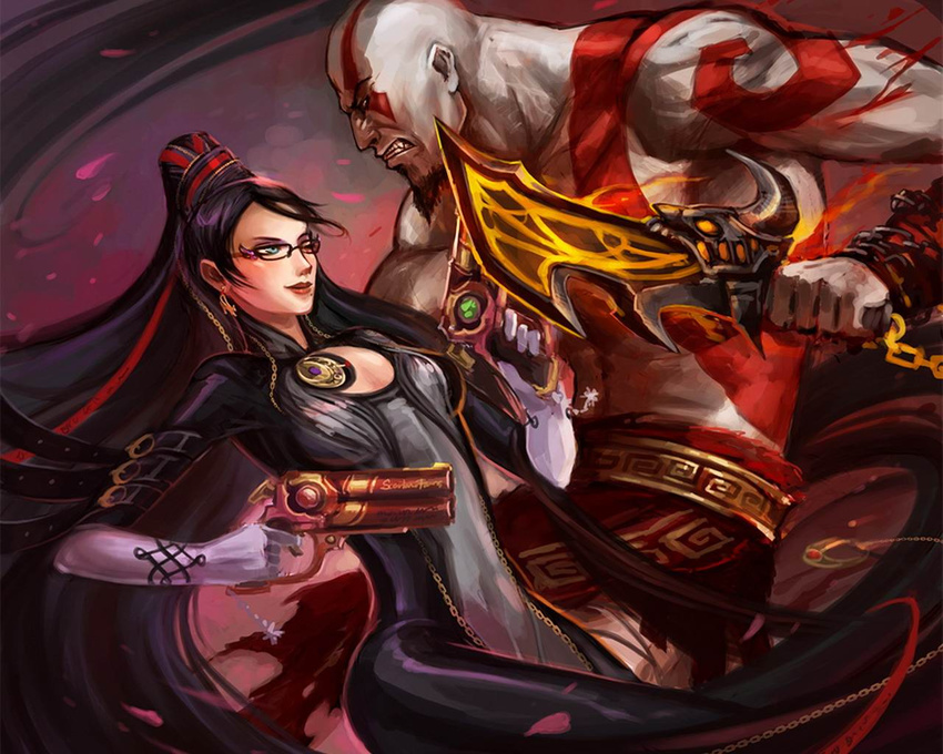 1boy 1girl amulet bald bayonetta bayonetta_(character) black_hair bodypaint bodysuit breasts cleavage cleavage_cutout couple crossover dual_wielding earrings elbow_gloves glasses gloves god_of_war gun handgun jewelry kratos long_hair pteruges ribbon smile tattoo very_long_hair weapon wink