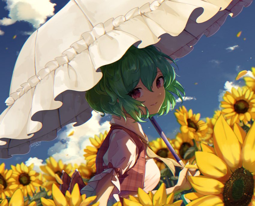 1girl ascot blue_sky bow breasts cloud commentary_request dated day dutch_angle falling_petals field flower flower_field from_side green_hair highres holding holding_umbrella kazami_yuuka light_smile looking_at_viewer open_clothes open_vest outdoors parasol parted_lips petals plaid_clothes plaid_vest red_bow red_eyes red_vest shirt short_hair short_sleeves signature sky sleeve_bow solo sunflower sunflower_field tami_(joemanyodw) touhou umbrella upper_body vest white_shirt white_umbrella yellow_ascot yellow_petals