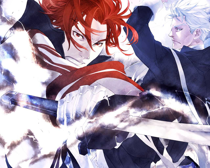 culgan gensou_suikoden gensou_suikoden_ii kaburaya long_coat male_focus multiple_boys red_eyes red_hair seed_(suikoden) silver_hair sword weapon