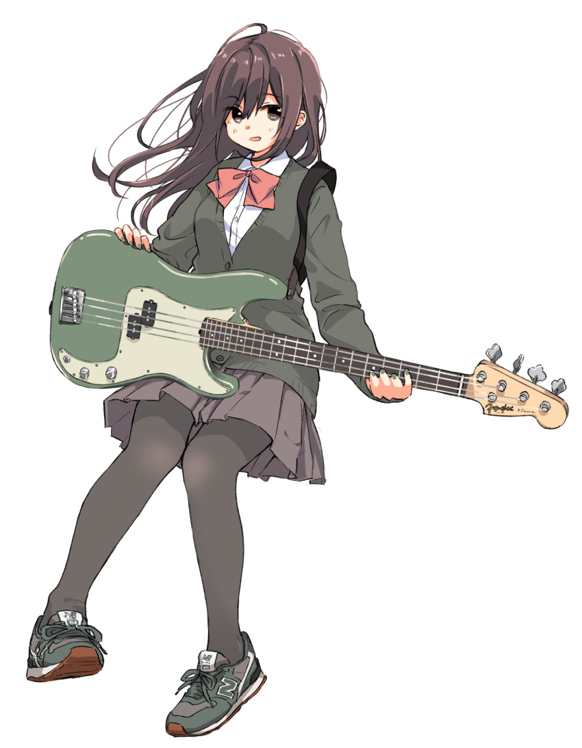 1girl bass_guitar bow brown_eyes brown_hair commentary_request full_body highres holding holding_instrument instrument long_hair matsuda_hikari original pantyhose pleated_skirt precision_bass school_uniform shoes skirt sneakers solo sweater white_background