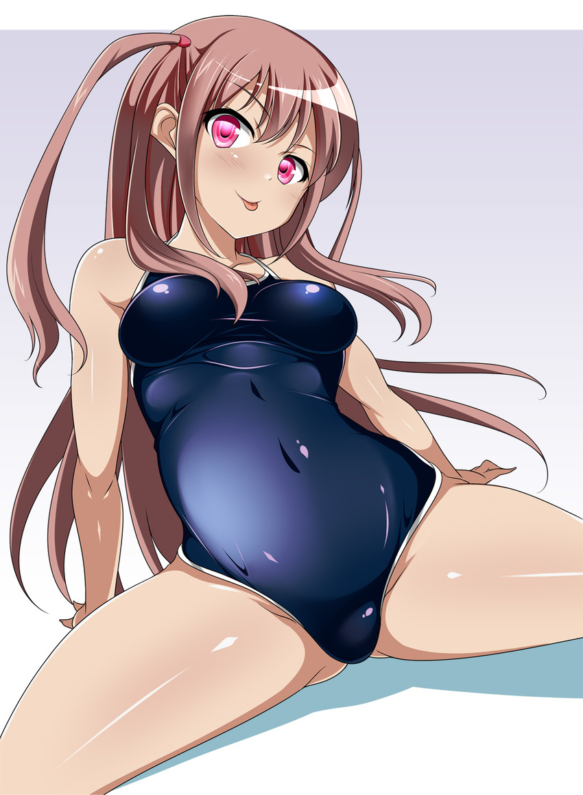 atarashi_ako brown_hair competition_school_swimsuit highres long_hair one-piece_swimsuit red_eyes saki saki_achiga-hen school_swimsuit solo swimsuit taigi_akira tongue twintails two_side_up