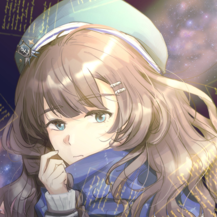 1girl anchor_hat_ornament beret blue_eyes blue_hat blue_scarf brown_hair closed_mouth hand_up hat hat_ornament highres long_hair marcus_(reverse:1999) pai1999ag portrait reverse:1999 scarf solo star_(sky) starry_sky_background