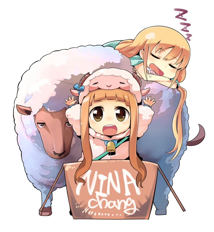 animal animal_costume blonde_hair character_name chibi closed_eyes cosplay costume futaba_anzu highres hitsuji_bako ichihara_nina idolmaster idolmaster_cinderella_girls kigurumi long_hair multiple_girls open_mouth saliva sheep sheep_costume sleeping