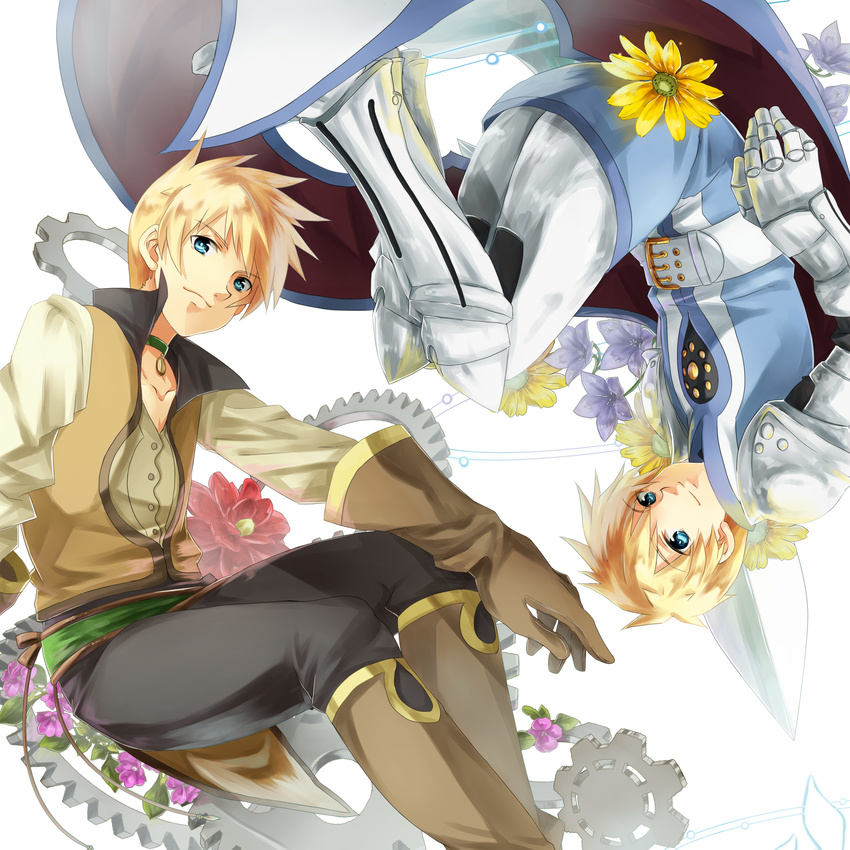 absurdres akami_fumio armor bad_id bad_pixiv_id belt blonde_hair blue_eyes boots choker coat flower flynn_scifo gloves green_choker guy_cecil highres knee_boots look-alike male_focus multiple_boys pants rotational_symmetry surcoat tales_of_(series) tales_of_the_abyss tales_of_vesperia