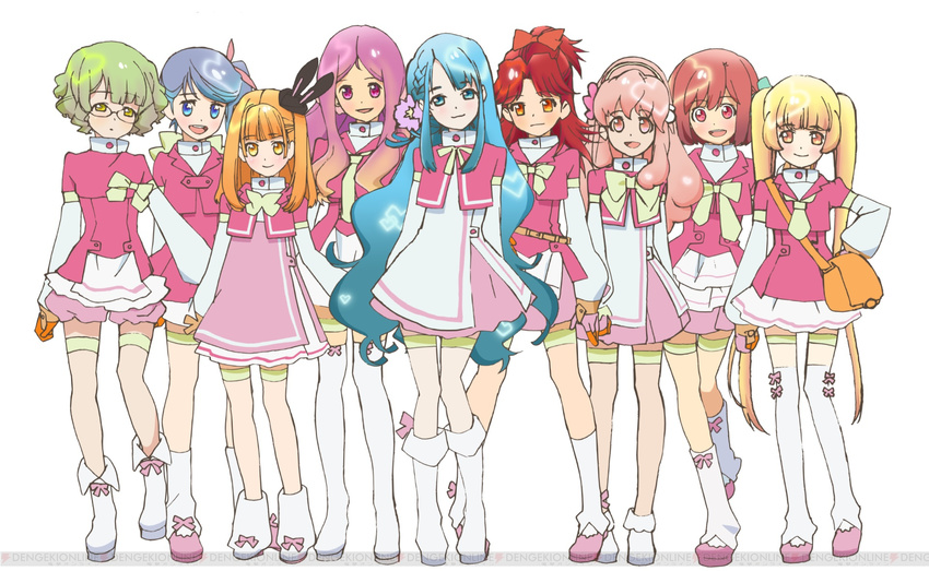 aida_orine akb0048 blonde_hair blue_eyes blue_hair blush boots braid curly_hair flower glasses green_eyes green_hair heart highres ichijou_yuuka kanzaki_suzuko kishida_mimori long_hair motomiya_nagisa multiple_girls open_mouth orange_eyes pink_eyes pink_hair ponytail purple_eyes purple_hair red_hair shinonome_kanata shinonome_sonata short_hair smile sono_chieri thighhighs twintails wavy_hair yellow_eyes yokomizo_makoto