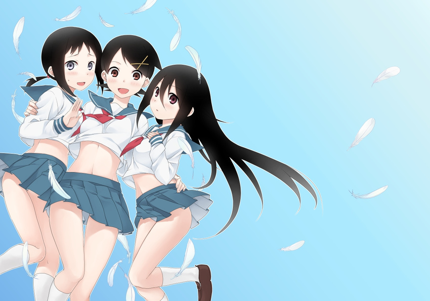 :d black_hair brown_eyes ekra feathers fuura_kafuka kaga_ai komori_kiri long_hair looking_at_viewer midriff multiple_girls navel open_mouth pleated_skirt ponytail sayonara_zetsubou_sensei school_uniform serafuku silver_eyes skirt smile wind