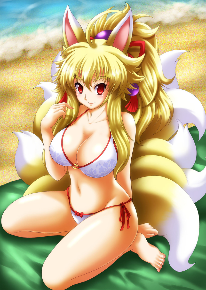 ahoge animal_ears beach beach_towel bikini blonde_hair breasts cleavage eyebrows fingernails fox_ears fox_tail hair_ornament highres huge_breasts izuna_(shinrabanshou) kittan_(cve27426) kneeling kyuubi legs lips long_hair looking_at_viewer multiple_tails navel o-ring o-ring_top ocean red_eyes sand seiza shinrabanshou side-tie_bikini sitting smile solo swimsuit tail thighs toenails towel