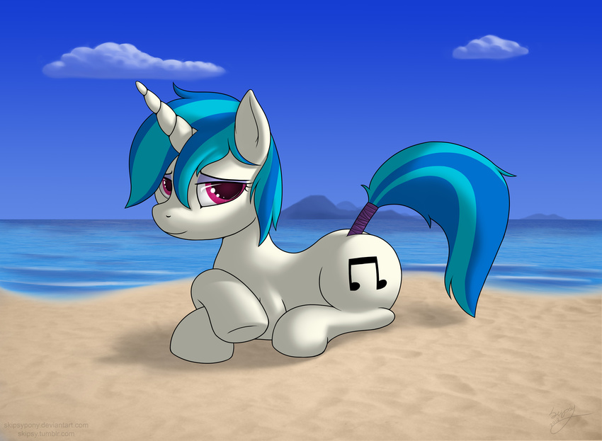 beach cloud cutie_mark equine eyeshadow female feral friendship_is_magic hair horn horse island looking_at_viewer makeup mammal multi-colored_hair music my_little_pony outside panties pony purple_eyes sand sea seaside skipsy solo tail_wrap two_tone_hair underwear unicorn vinyl_scratch_(mlp) water young