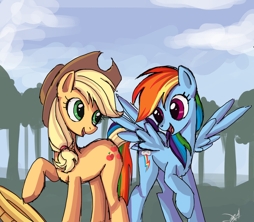 applejack_(mlp) basket blonde_hair blue_fur cowboy_hat cutie_mark equine eye_contact female feral friendship_is_magic fur green_eyes hair hat hi_res horse mammal multi-colored_hair my_little_pony open_mouth orange_fur pegasus pony ponykillerx purple_eyes rainbow_dash_(mlp) rainbow_hair simple_background smile spread_wings tree wings wood