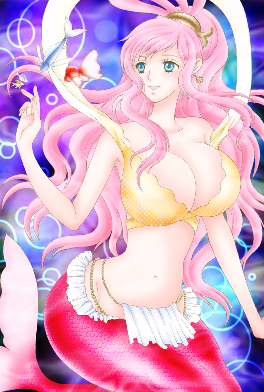 1girl blue_eyes breasts earrings female fish fishman_island giantess highres huge_breasts jewelry mariel-nymphaea-f mermaid monster_girl one_piece pink_hair shirahoshi solo