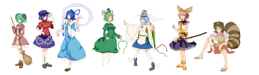 absurdres animal_ears ankle_cuffs blonde_hair blue_eyes blue_hair bracelet breasts broom brown_eyes brown_hair chinese_clothes dango_ya dress earmuffs everyone futatsuiwa_mamizou ghost_tail glasses green_dress green_eyes green_hair hair_rings hat highres japanese_clothes jar jewelry jiangshi kaku_seiga kariginu kasodani_kyouko leaf leaf_on_head long_hair long_image long_sleeves medium_breasts miyako_yoshika mononobe_no_futo multiple_girls notepad ofuda open_mouth pince-nez ponytail purple_eyes purple_hair raccoon_ears raccoon_tail ribbon ritual_baton sandals shawl shoes short_hair short_sleeves silver_hair simple_background skirt sleeveless smile socks soga_no_tojiko sword tail tate_eboshi ten_desires touhou toyosatomimi_no_miko vest weapon white_background wide_image wide_sleeves yellow_eyes