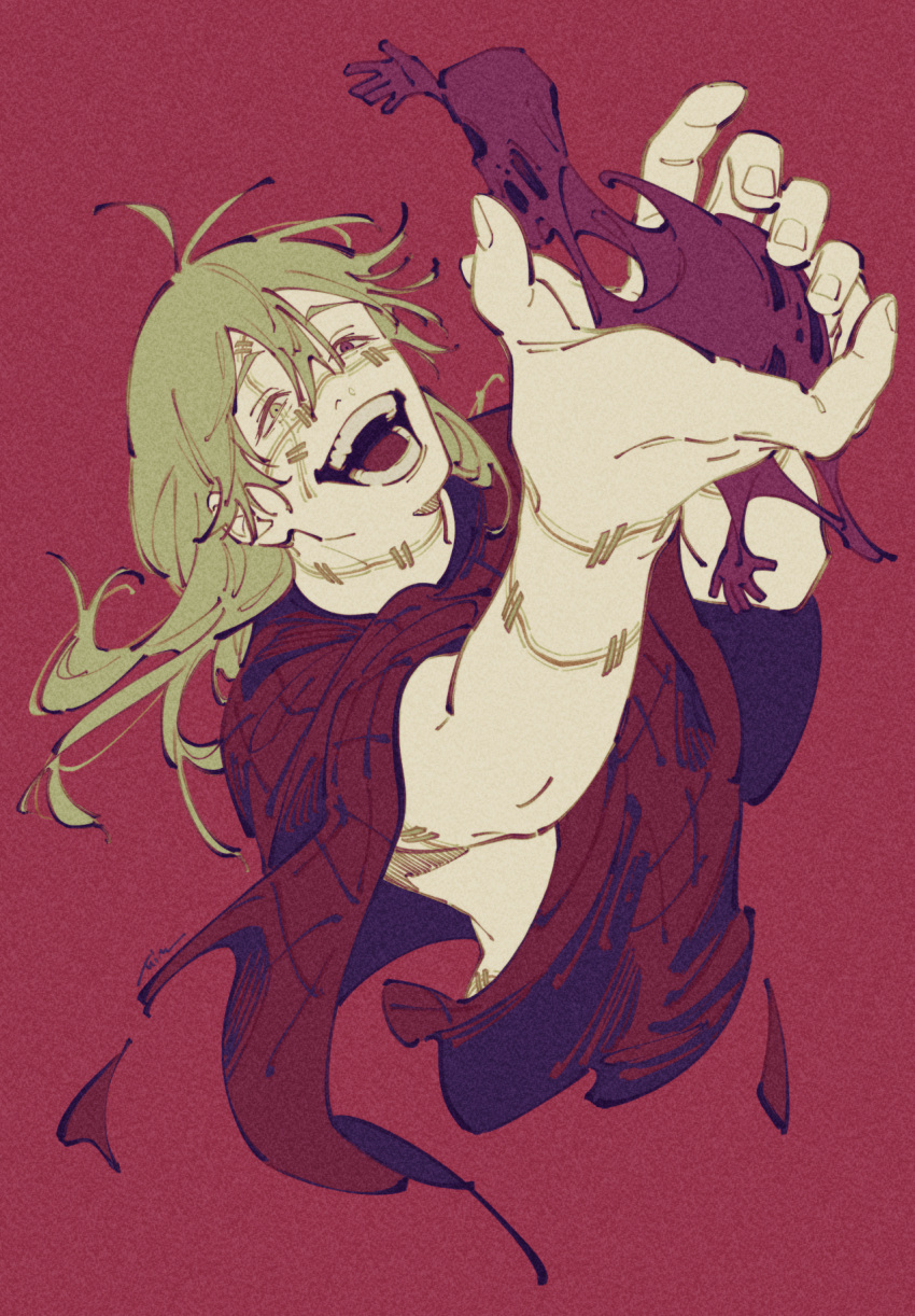 1boy arms_up commentary cropped_torso cursed_spirit_(jujutsu_kaisen) film_grain floating_hair green_hair hair_between_eyes heterochromia highres holding jujutsu_kaisen long_hair mahito_(jujutsu_kaisen) male_focus mim_(mimya0600) red_shirt red_theme shirt solo stitched_arm stitched_face stitched_neck stitched_wrist stitches teeth tongue