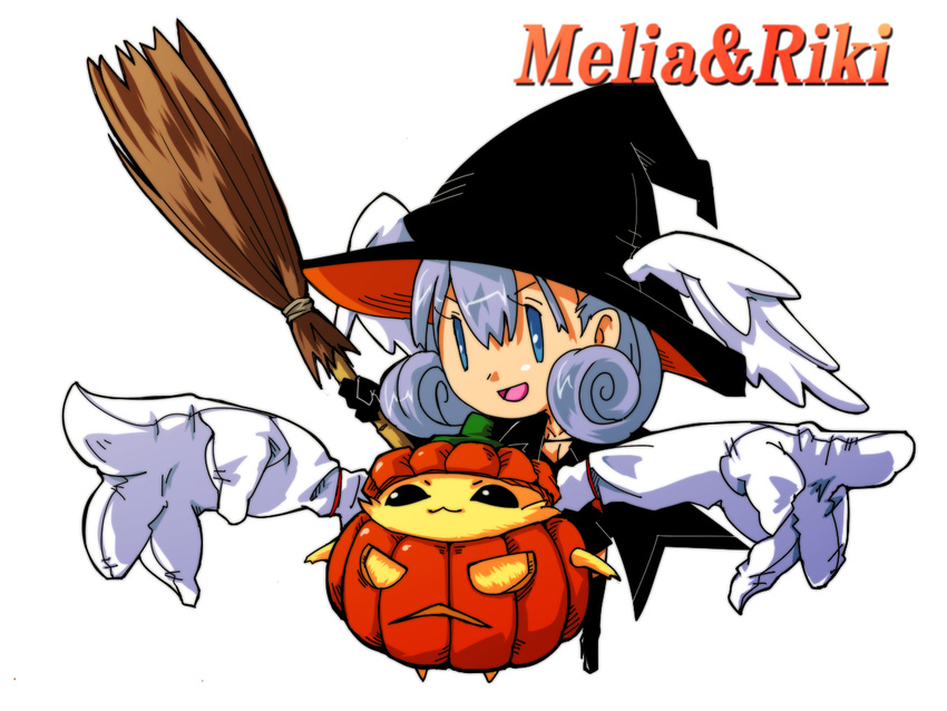 blue_eyes character_name chibi curly_hair halloween hat head_wings jack-o'-lantern melia mimihumi nopon pumpkin riki_(xenoblade) silver_hair white_background witch_hat xenoblade_(series) xenoblade_1