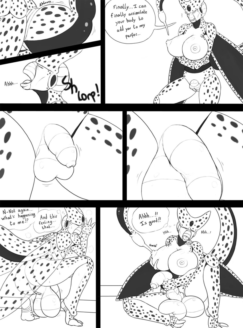 big_balls big_breasts big_penis breast_fondling breasts cell_(dragonball) comic dragon_ball english_text eyes_closed fondling herm intersex invalid_tag kalnareff masturbation nipple_penetration nipples nude open_mouth orgasm penis pussy solo spread_legs spreading text transformation uncut