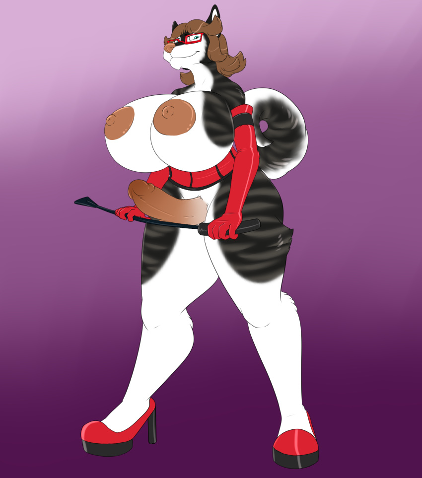 anthro big_breasts biped breasts canine clothed clothing corset curvaceous dickgirl digital_media_(artwork) dog dominatrix erection eyewear footwear full-length_portrait glasses high_heels huge_breasts humanoid_penis husky intersex lingerie looking_at_viewer mammal nipples penis portrait riding_crop rubber shoes solo standing story story_in_description thick_thighs topless whip xchiseaxmargaritax