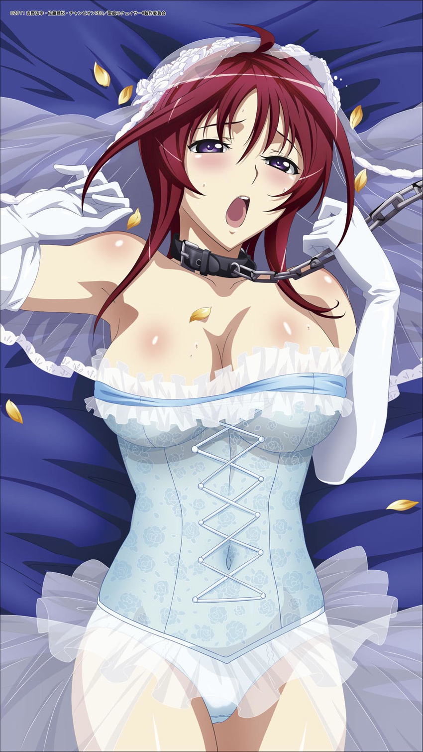 artist_request breasts bridal_veil bustier chain collar elbow_gloves gloves highres laces large_breasts oribe_mafuyu panties purple_eyes red_hair seikon_no_qwaser short_hair solo underwear veil