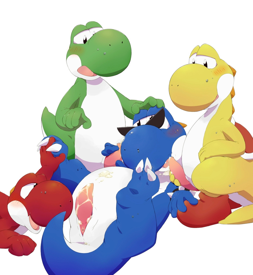 blue_yoshi blush boshi cloaca erection foursome gay group group_sex lying male mario_bros nintendo on_back orgy penis penis_grab precum red_yoshi sex slit tapering_penis video_games yellow_yoshi yonezmi yoshi