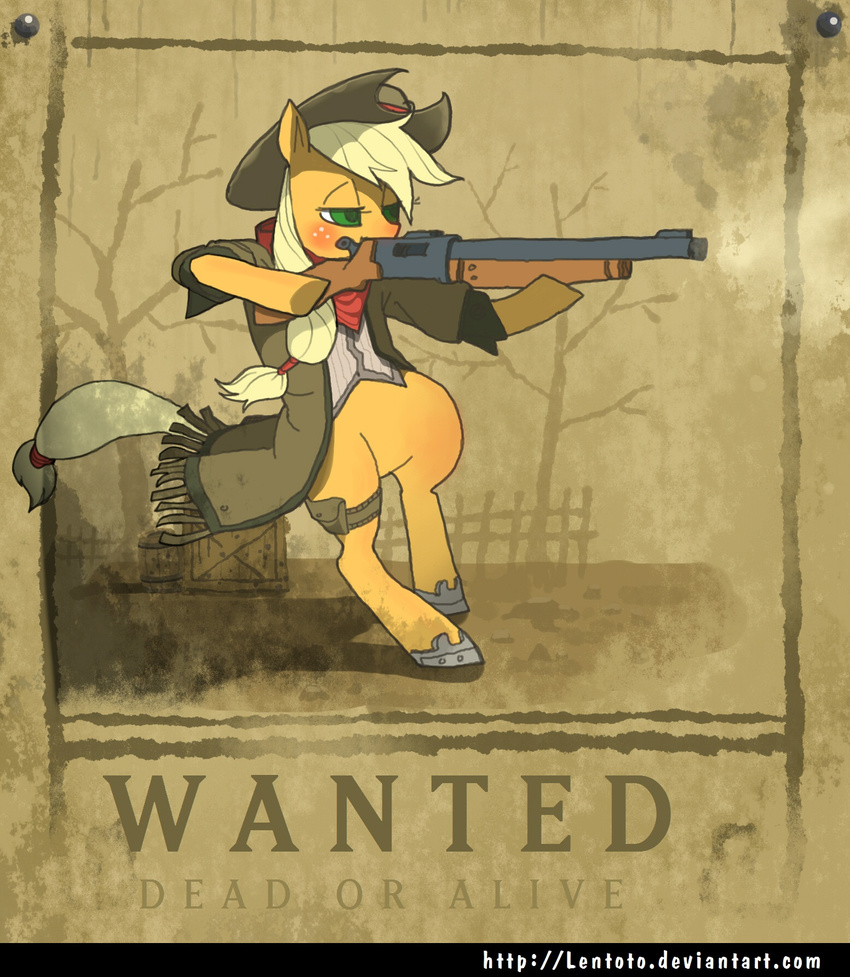 anthro anthrofied applejack_(mlp) blonde_hair blush clothed clothing cowboy_hat english_text equine female fence freckles friendship_is_magic fur green_eyes gun hair hat horse lentoto mammal my_little_pony orange_fur pony poster ranged_weapon scarf shirt shotgun simple_background solo standing text tree wanted weapon western wood