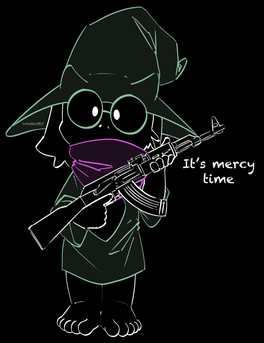 2018 ak-47 anthro assault_rifle barefoot black_fur caprine clothed clothing cub deltarune eyewear fur glasses goat gun hat holding_object holding_weapon luckymax2012 male mammal ralsei ranged_weapon rifle scarf simple_background solo video_games weapon young
