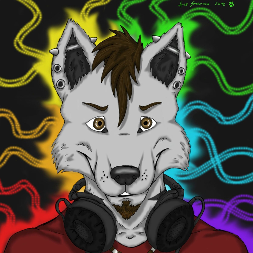 ace_stryker brown_eyes brown_hair canine ear_piercing facial_hair goatee hair headphones male mammal necklace pierced_ears piercing portrait rainbow rave smile solo wolf