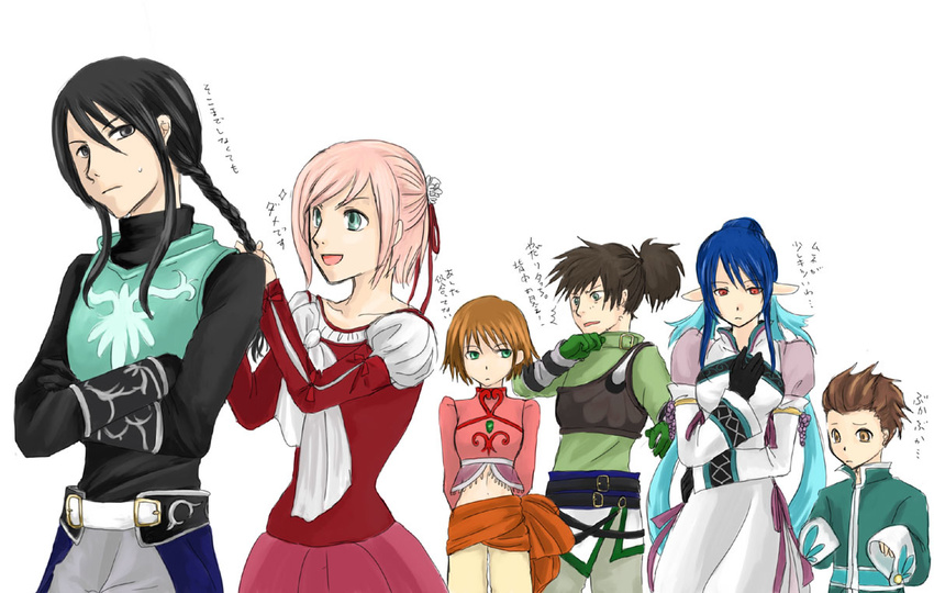 3boys 3girls annie_barrs armor belt black_eyes black_hair blue_eyes blue_hair breasts brown_eyes brown_hair claire_bennett cosplay dress estellise_sidos_heurassein flower gloves green_eyes hilda_rhambling judith karol_capel long_hair mao_(tales) mao_(tor) midriff multiple_boys multiple_girls navel pants pink_hair pointy_ears ponytail raven raven_(tov) red_eyes ribbon rita_mordio short_hair tales_of_(series) tales_of_rebirth tales_of_vesperia tytree_crowe veigue_lungberg yuri_lowell