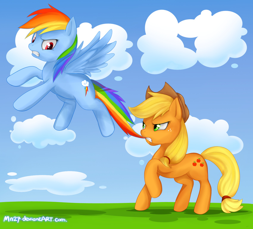 applejack_(mlp) blonde_hair blue_fur clenched_teeth cloud cowboy_hat cutie_mark duo equine eye_contact female feral flying friendship_is_magic fur green_eyes hair hat horse mammal mn27 multi-colored_hair my_little_pony orange_fur pegasus pony purple_eyes rainbow_dash_(mlp) rainbow_hair simple_background tail_bite teeth wings