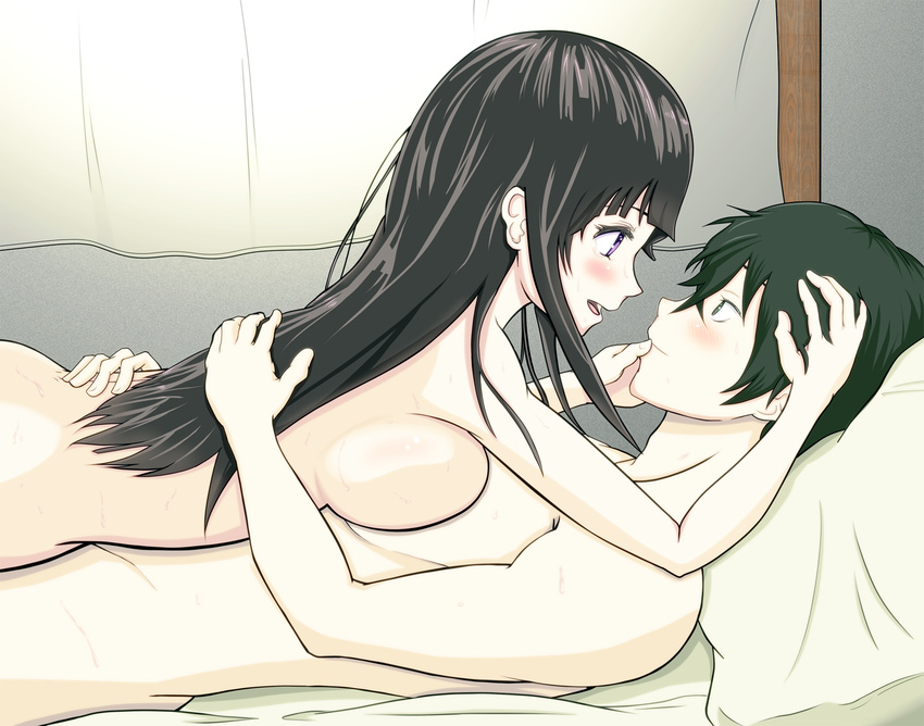 1girl after_sex afterglow bed black_hair blush breasts chitanda_eru couple eye_contact green_eyes hetero highres hyouka large_breasts long_hair looking_at_another mita_teruyoshi nude open_mouth oreki_houtarou pillow purple_eyes smile sweat tears