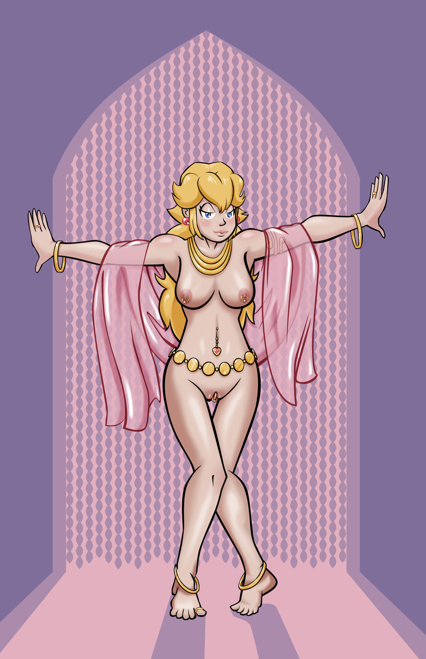 barefoot blonde_hair breasts bugaboo earrings feet jewels long_hair navel nipple_rings nipples nude piercing princess_peach pussy super_mario_bros. toe_ring toes