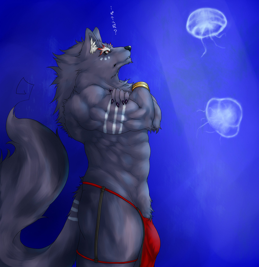 anthro biceps big_muscles bodypaint bracelet bulge canine captainjohkid chest_tuft clothed clothing crossed_arms fur half-dressed jellyfish jewelry loincloth male mammal marine muscles pecs pose red_eyes solo topless tribal tuft underwear wolf