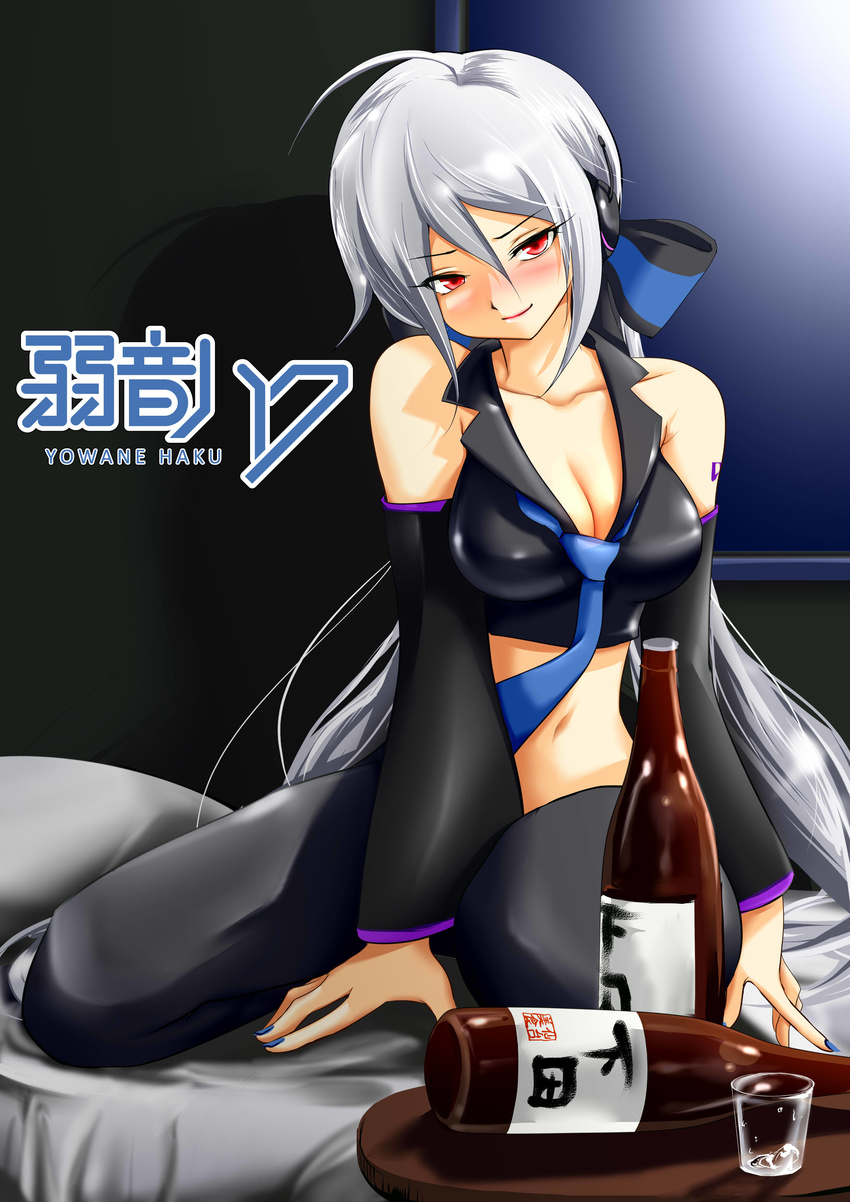 absurdres bed blush bottle bow breasts chenge-getter cleavage cup detached_sleeves drinking_glass hair_bow headphones highres long_hair medium_breasts midriff nail_polish navel necktie red_eyes shot_glass silver_hair smile solo very_long_hair vocaloid voyakiloid yowane_haku