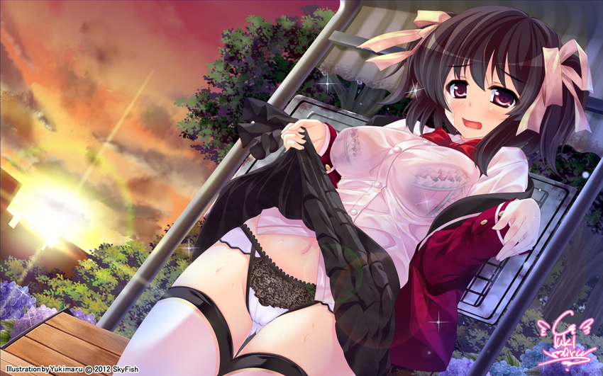 2012 artist_name bench black_hair blush bow bowtie bra breasts building diffraction_spikes dutch_angle flower hair_ribbon hydrangea jacket large_breasts lens_flare navel off_shoulder open_clothes open_jacket open_mouth original panties purple_eyes ribbon sasaki_yukimasa see-through short_hair signature skirt skirt_lift sky solo sunset sweat thighhighs tree twintails underwear watermark wet wet_clothes white_legwear