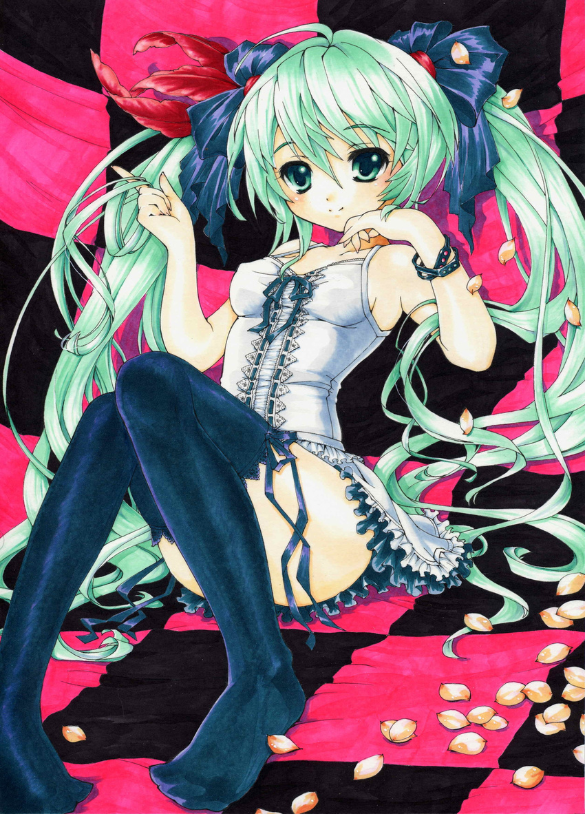 absurdres asahina_kirin bracelet checkered checkered_background dress green_eyes green_hair hair_twirling hatsune_miku highres jewelry long_hair looking_at_viewer marker_(medium) millipen_(medium) petals sitting smile solo thighhighs traditional_media twintails very_long_hair vocaloid world_is_mine_(vocaloid)