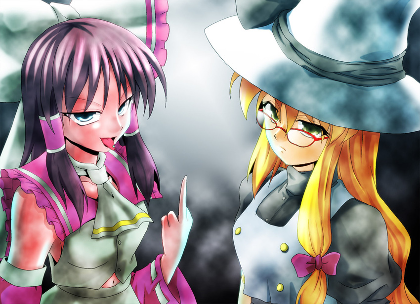 alternate_color ascot bespectacled blonde_hair blue_eyes bow crossover dark_persona detached_sleeves glasses green_eyes hair_bow hair_ribbon hair_tubes hakurei_reimu hat kamishima_kanon kirisame_marisa middle_finger multiple_girls out_of_character piercing purple_hair red-framed_eyewear ribbon tongue tongue_out tongue_piercing touhou transformers transformers_shattered_glass tsurime witch_hat